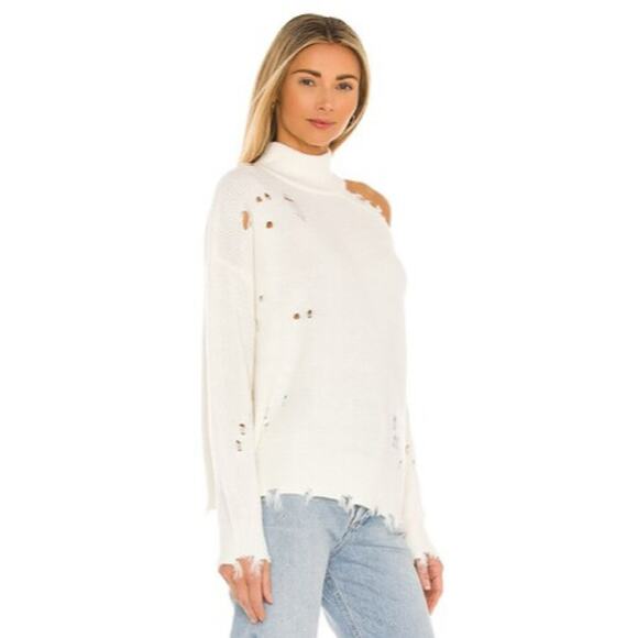 A072 • Distressed Cold-Shoulder Ivory Turtleneck Sweater - Picture 2 of 4
